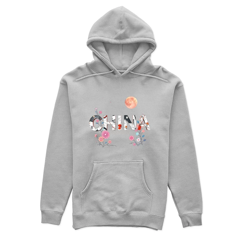 Floral Chinese Typography with Pink Moon and Cherry Blossoms Female Pullover Hoodie