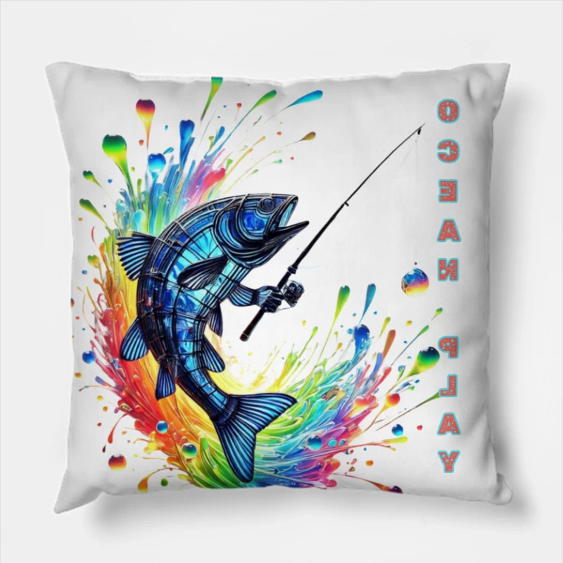 Rainbow Fish Splash: Artistic Fishing Adventure Throw Pillow