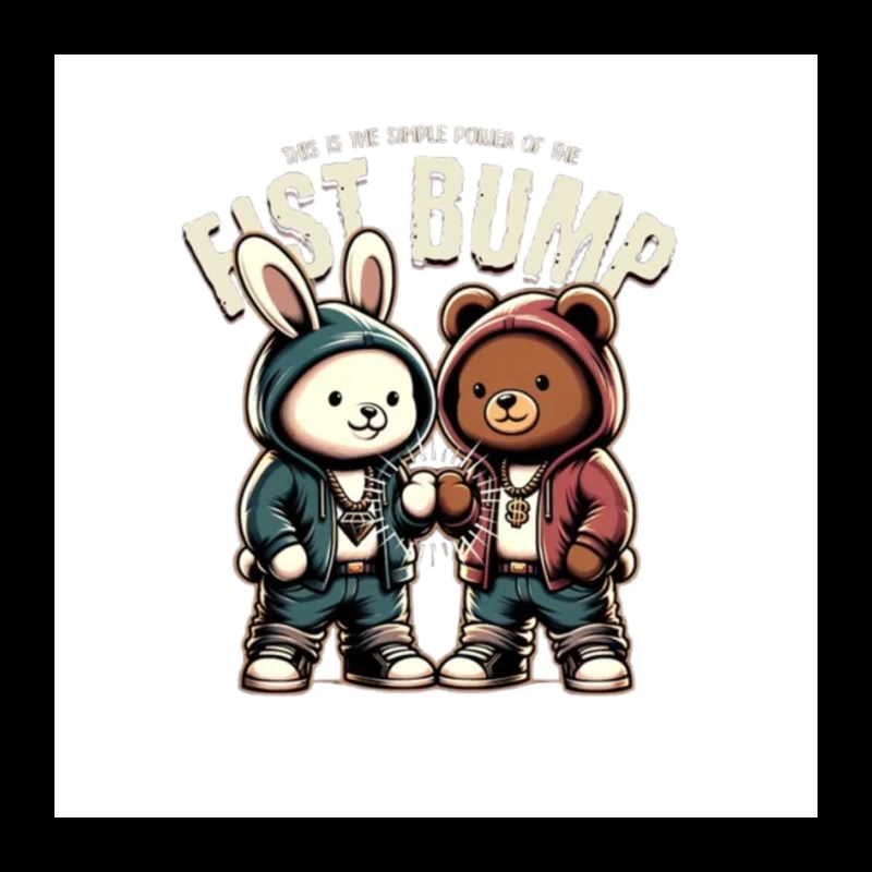 Cartoon Bunny and Bear Friends in Hip Hop Streetwear Sharing a Fist Bump Pin