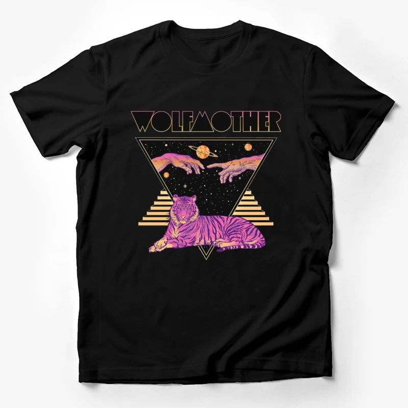 Cosmic Tiger with Mystical Hands in Retro Synthwave Style Male T-Shirt