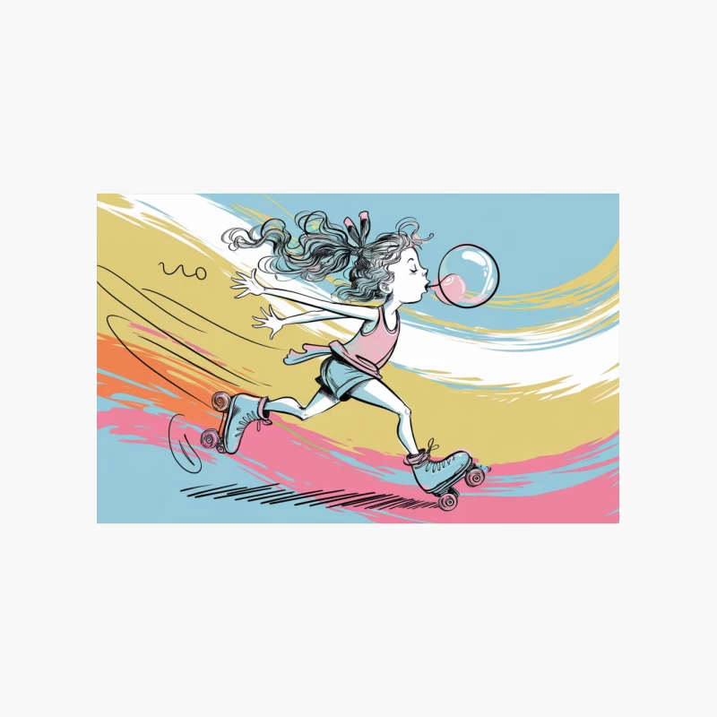 Whimsical Illustration of Girl Rollerskating with Bubble Gum Cotton Tote Bag