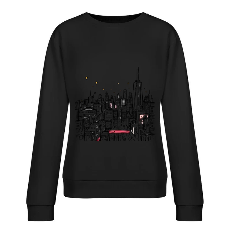 Nighttime Cityscape Illustration Female Pullover Sweatshirt