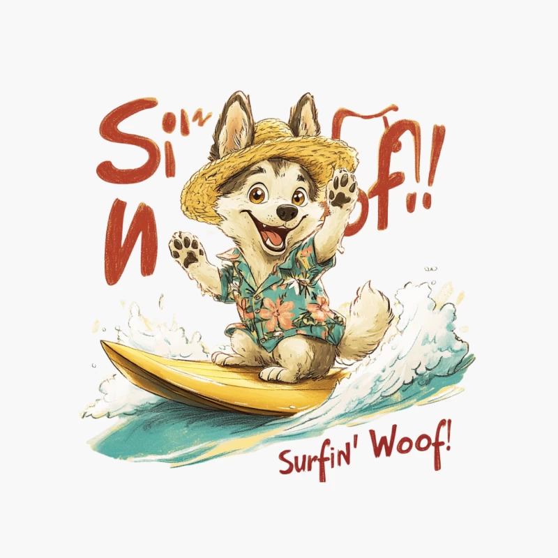Surfing Cartoon Dog in Hawaiian Shirt and Straw Hat Cotton Tote Bag