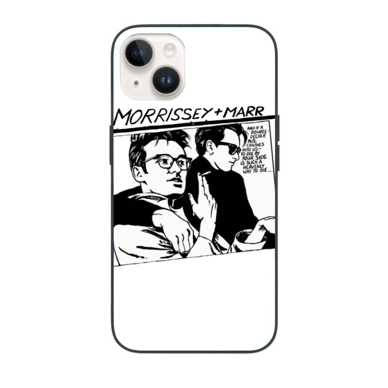 Black and White Comic Style Portrait of Morrissey and Marr with Dark Humor Quote iPhone Case