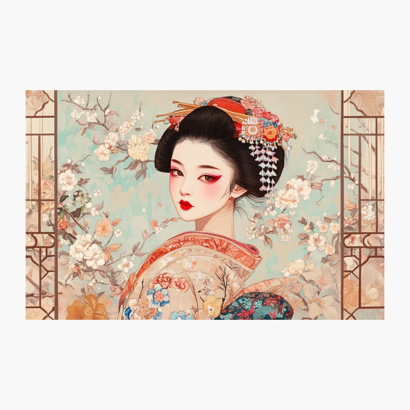 Traditional Japanese Geisha Illustration with Cherry Blossoms Travel Mug