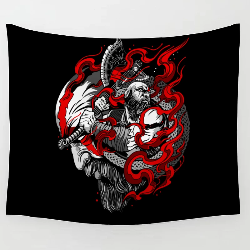 Fierce Warrior with Axe and Flames Tapestry