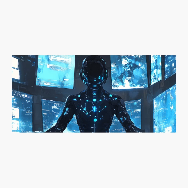 Futuristic AI Cyborg Meditating Amidst Holographic Displays Coffee Mug