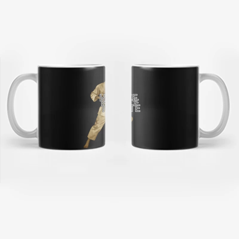 Karate Fighter in Dynamic Combat Stance with Stylized Text Coffee Mug