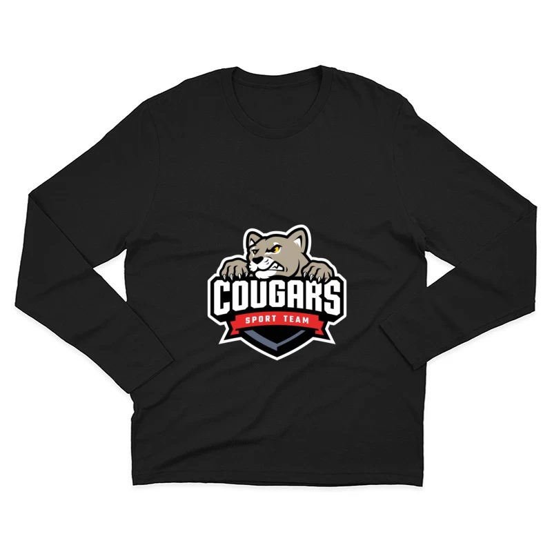 Fierce Cougar Sports Team Logo with Red Banner Male Long Sleeve T-Shirt