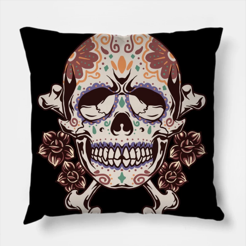 Decorative Skull with Crossbones and Floral Elements Throw Pillow