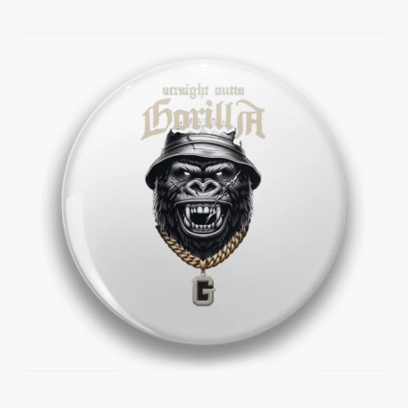 Aggressive Gorilla in Bucket Hat with Gold Chain Street Art Design Pin