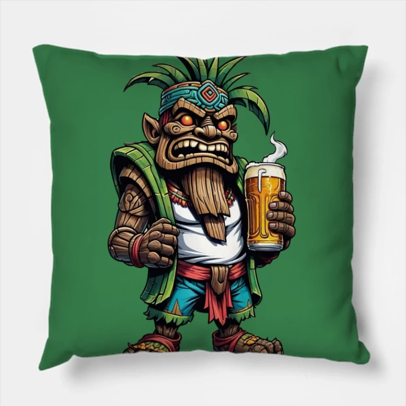 Angry Tribal Character with Beer Throw Pillow