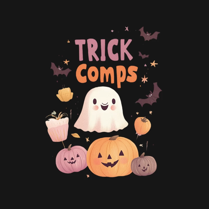 Cute Halloween Trick-or-Treat Illustration with Ghost and Pumpkins Male Long Sleeve T-Shirt