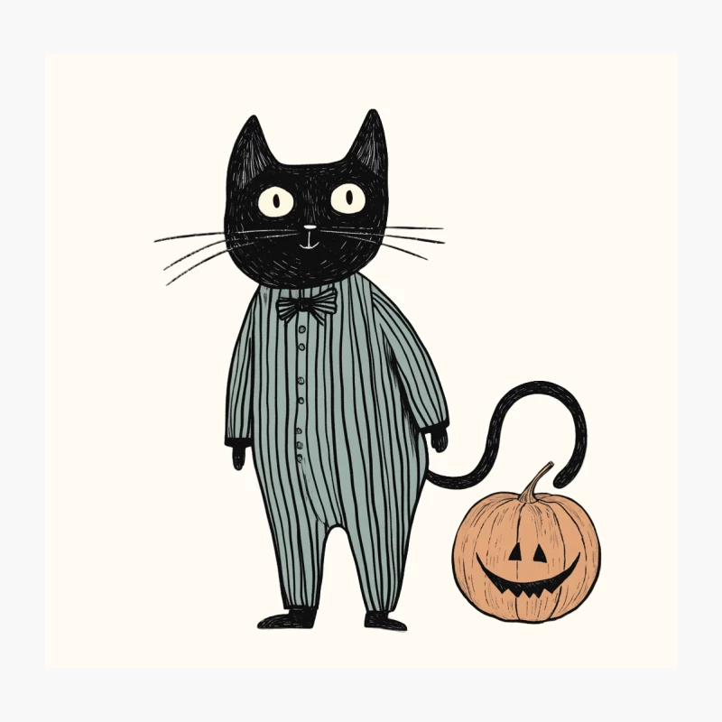 Whimsical Halloween Cat in Striped Pajamas with Jack-o'-Lantern Throw Pillow