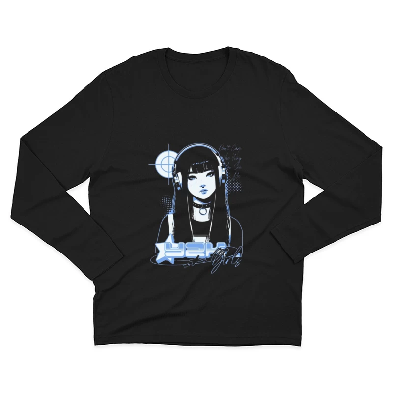 Blue Monochrome Gothic Anime Girl with Headphones Male Long Sleeve T-Shirt