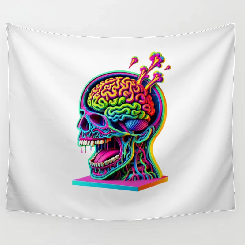 Psychedelic Anatomical Skull with Rainbow Brain Tapestry