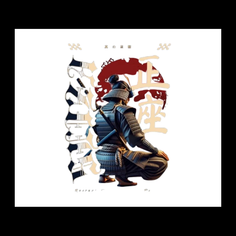 Kneeling Samurai Warrior with Traditional Japanese Calligraphy Tapestry