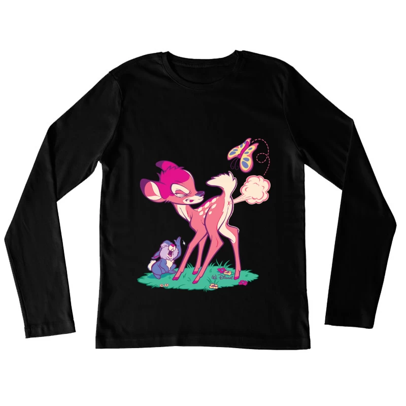 Cute Cartoon Deer with Butterfly Female Long Sleeve T-Shirt