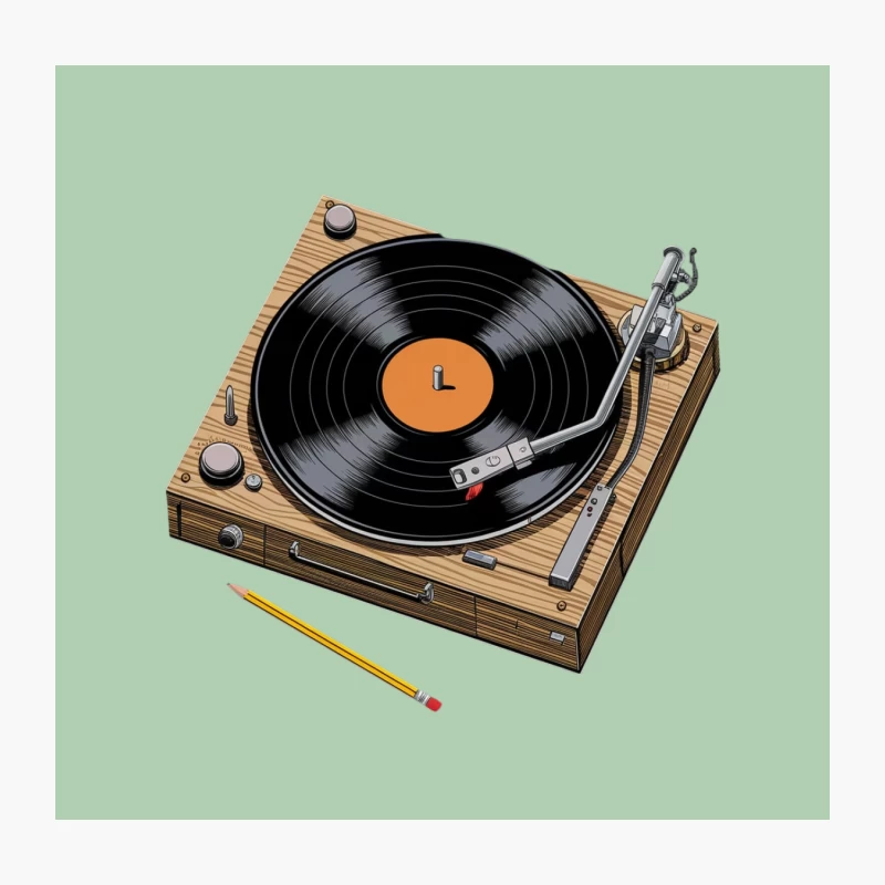 Vintage Wooden Turntable with Vinyl Record and Pencil Throw Pillow