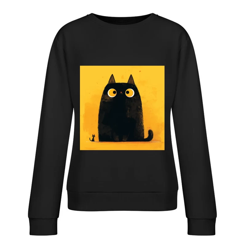 Adorable Black Cat with Big Yellow Eyes - Minimalist Illustration Female Pullover Sweatshirt