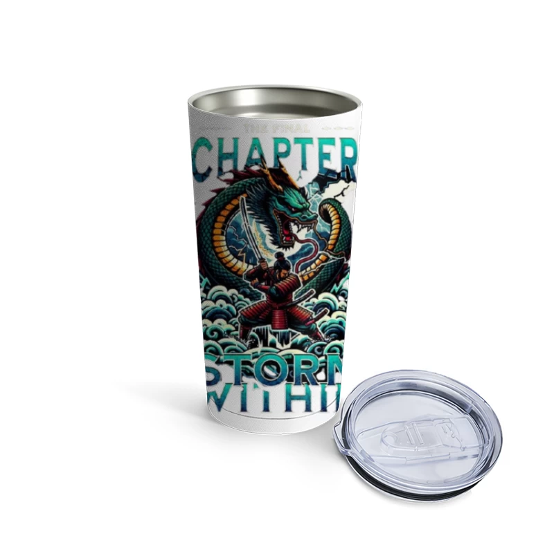 Epic Samurai Warrior Facing Dragon in Storm Within Chapter Art Travel Mug