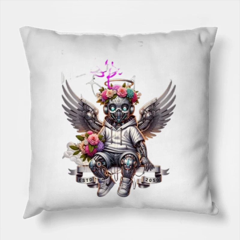 Angelic Steampunk Robot with Floral Crown and Wings Throw Pillow