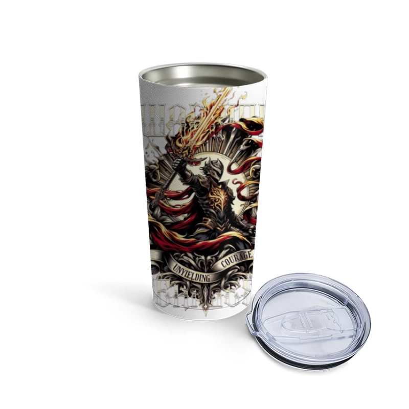 Unyielding Courage: Dark Fantasy Warrior with Flaming Sword Travel Mug