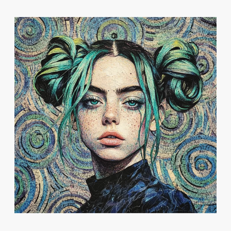 Surreal Pop Art Portrait: Teal-Haired Subject with Intense Gaze Throw Pillow