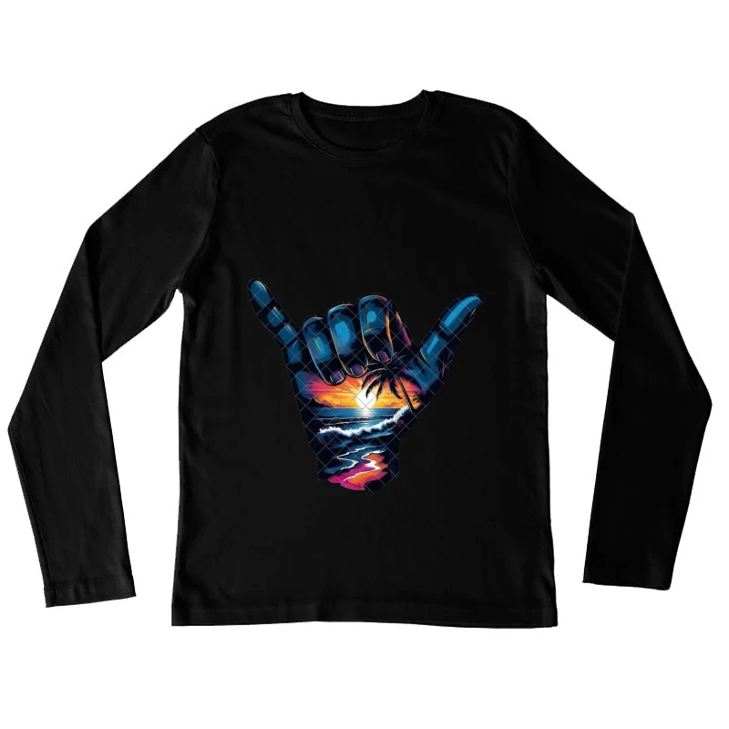 Shaka Sign with Tropical Sunset and Ocean Scene Female Long Sleeve T-Shirt