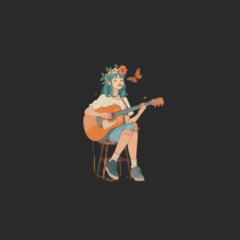 Dreamy Summer Melody: Illustrated Guitar Player with Flower Crown and Butterfly Baseball Cap