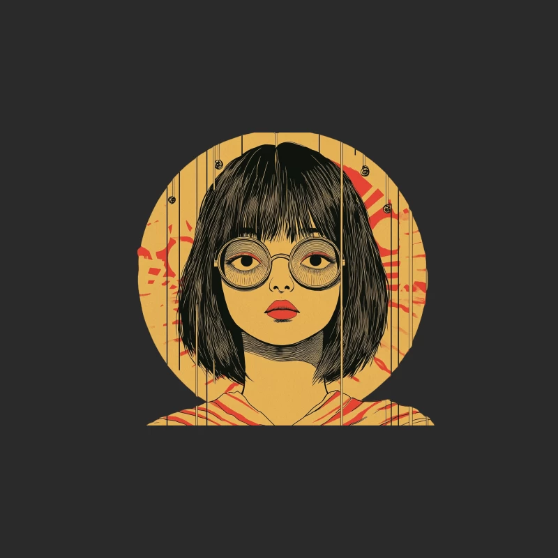 Stylized Portrait of Bespectacled Woman with Bob Haircut Baseball Cap