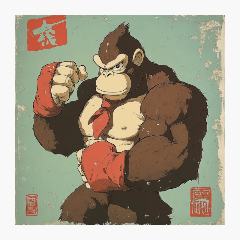 Retro Cartoon Gorilla Boxer: Muscular Ape in Red Tie and Gloves Pin