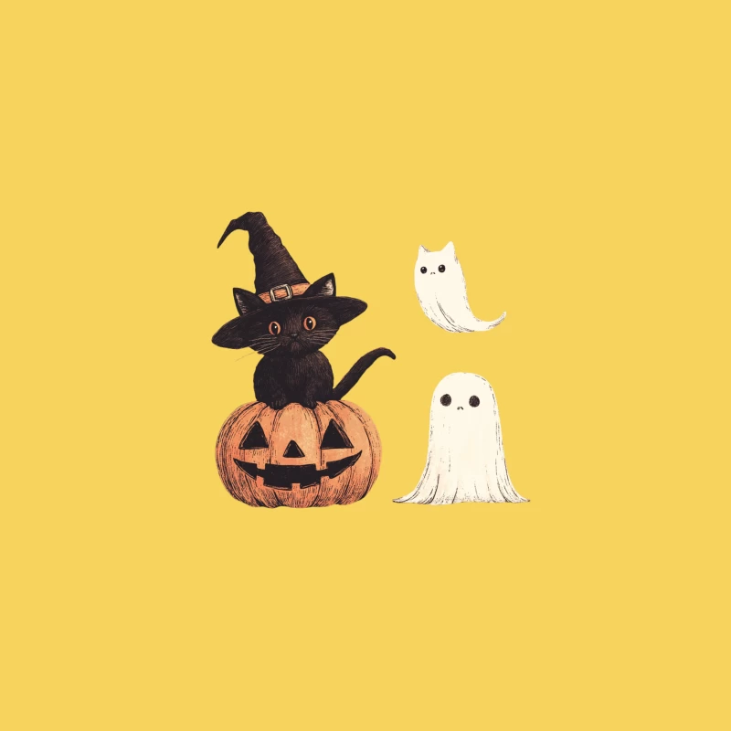 Cute Halloween Cartoon with Black Cat, Pumpkin, and Ghosts Bucket Hat