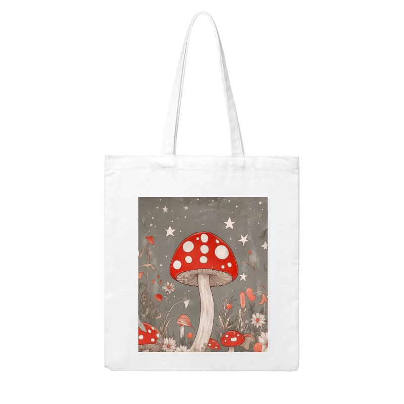 Whimsical Mushroom Fantasy in Starlit Nature Cotton Tote Bag