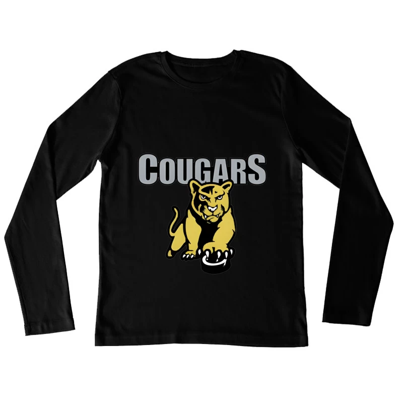 Fierce Yellow Cougar Sports Team Logo with Gray Text Female Long Sleeve T-Shirt