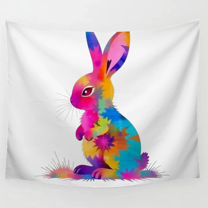 Vibrant Tie-Dye Watercolor Bunny Illustration Tapestry