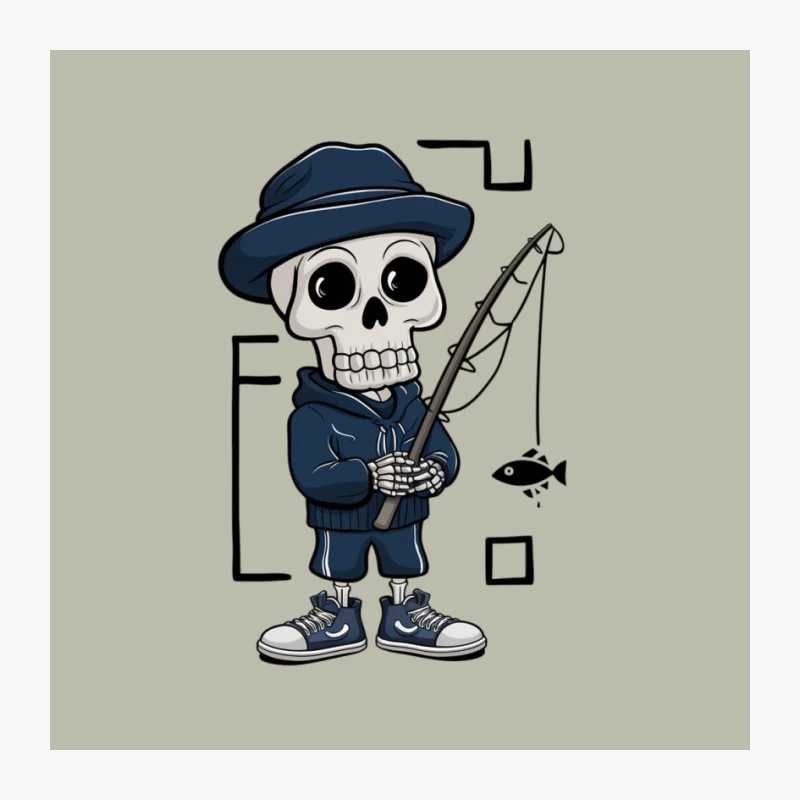 Cute Cartoon Skull Character in Blue Fishing Outfit Pin