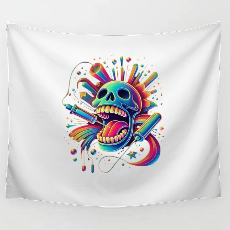 Psychedelic Rainbow Skull Pop Art Design Tapestry