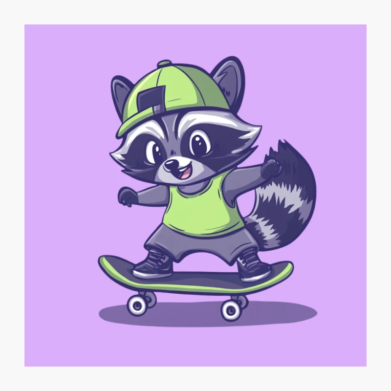 Cute Cartoon Raccoon Skateboarding in Green Outfit Pin