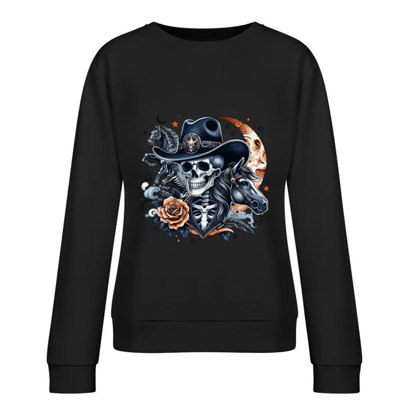 Skeleton Cowboy with Horses and Floral Elements Female Pullover Sweatshirt