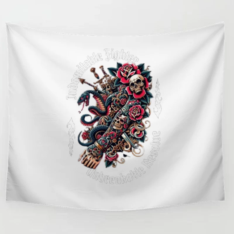 Gothic Skull and Rose Octopus Tattoo Design Tapestry