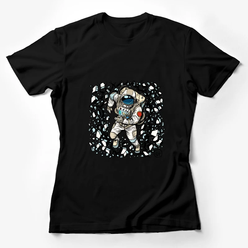 Astronaut im Weltraum mit Trümmern Damen T-Shirt