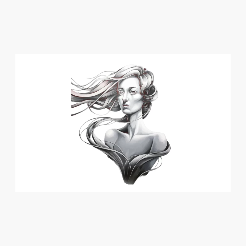 Monochrome Fantasy Portrait: Flowing-Haired Sculpture Travel Mug