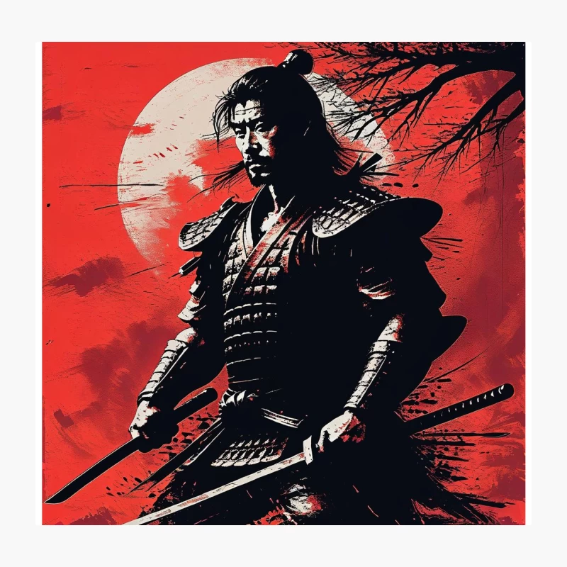 Dramatic Samurai Warrior Illustration with Red Moonlit Background Throw Pillow