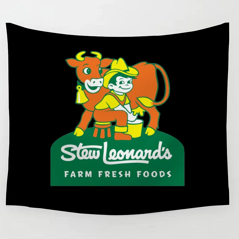 Stew Leonard's Vintage Farm Fresh Foods Logo with Cartoon Cow Tapestry