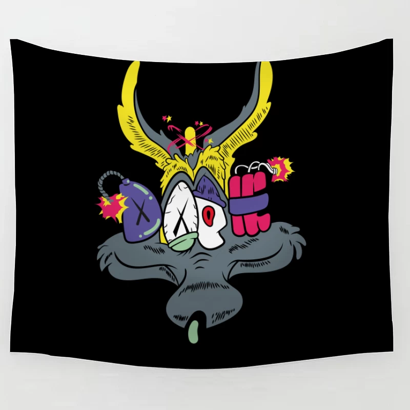 Whimsical Cartoon Creature with Explosive Elements Tapestry