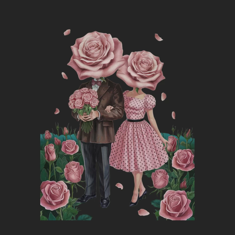 Surreal Rose-Headed Couple in Vintage Attire Amidst Romantic Flower Field Female Pullover Sweatshirt