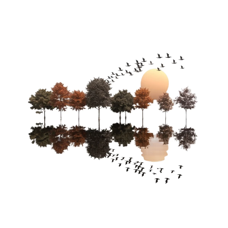 Autumnal Reflection: Trees and Birds at Sunset Tapestry