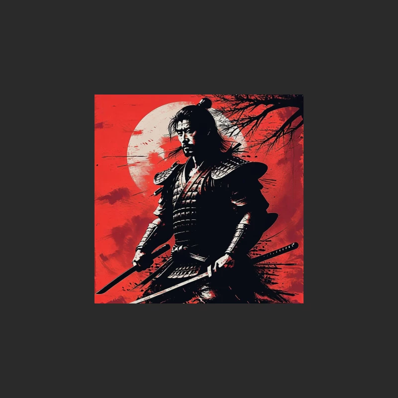Dramatic Samurai Warrior Illustration with Red Moonlit Background Baseball Cap