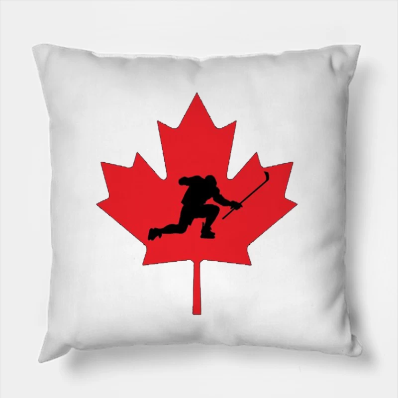 Canadian Hockey Player Silhouette on Red Maple Leaf Throw Pillow